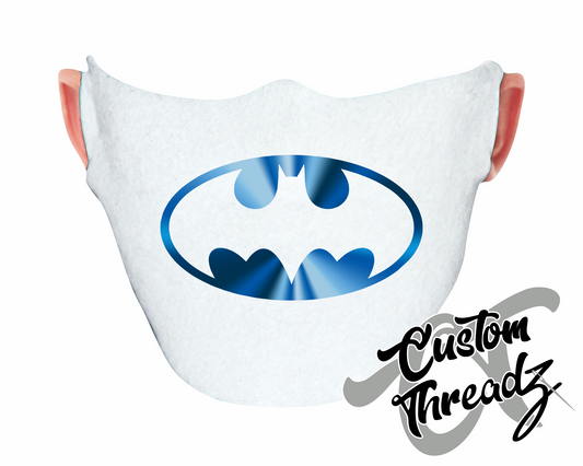 white face mask blue bat symbol