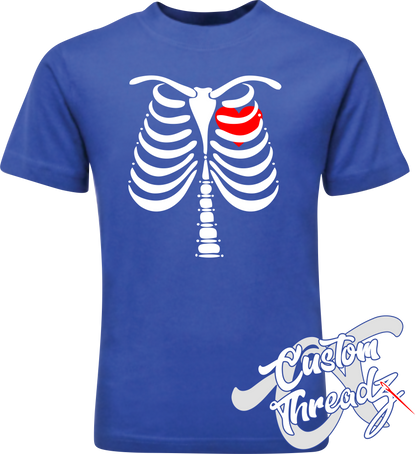 royal blue youth tee with rib cage bones with heart DTG printed design
