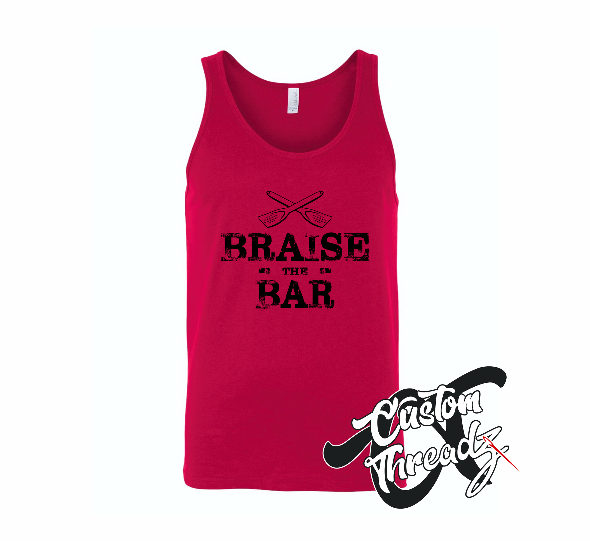 red tank top with braise the bar DTG printed design
