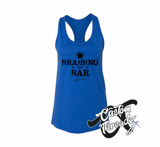 royal blue tank top with braising the bar summertime DTG printed design