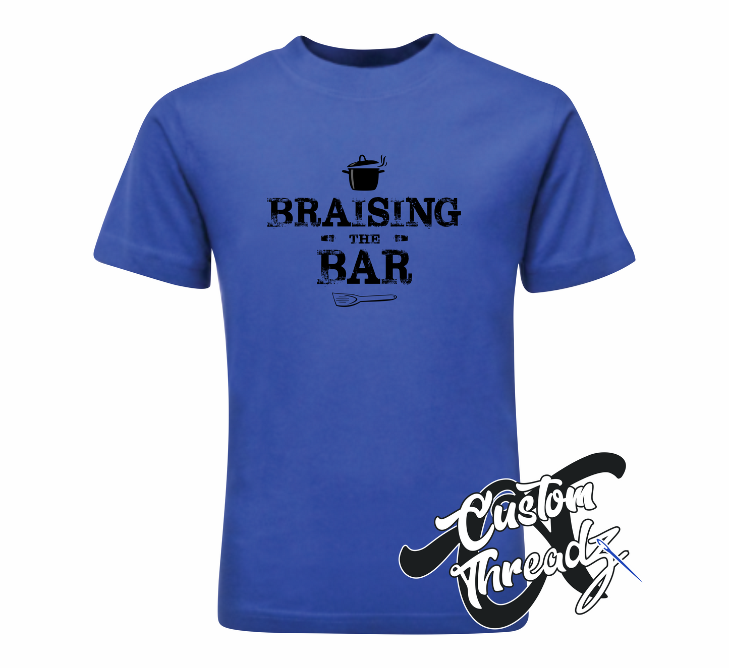 royal blue tee with braising the bar DTG printed design