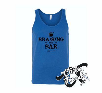 royal blue tank top with braising the bar DTG printed design