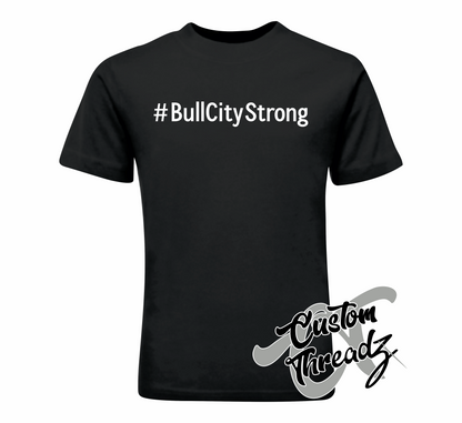 black tee with # bull city strong durham nc DTG printed design