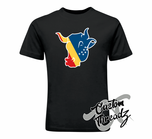 black tee with bull durham with durham flag DTG printed design