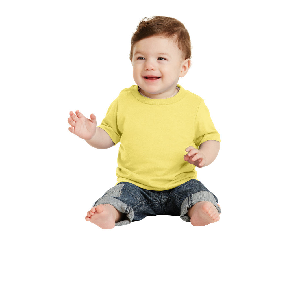 smiling baby in port & company infant core cotton tee yellow
