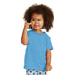 smiling child in port & company toddler core cotton tee aquatic blue