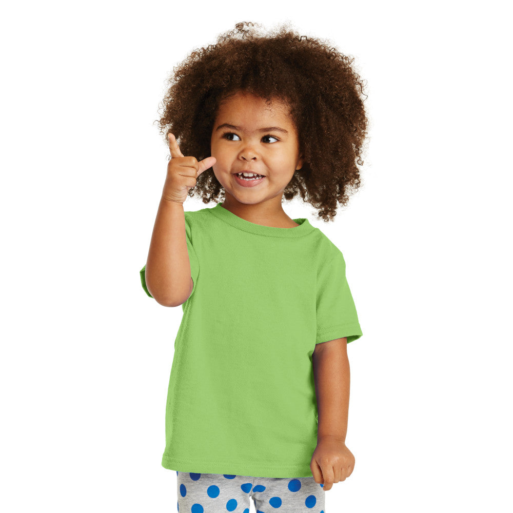 smiling child in port & company toddler core cotton tee lime