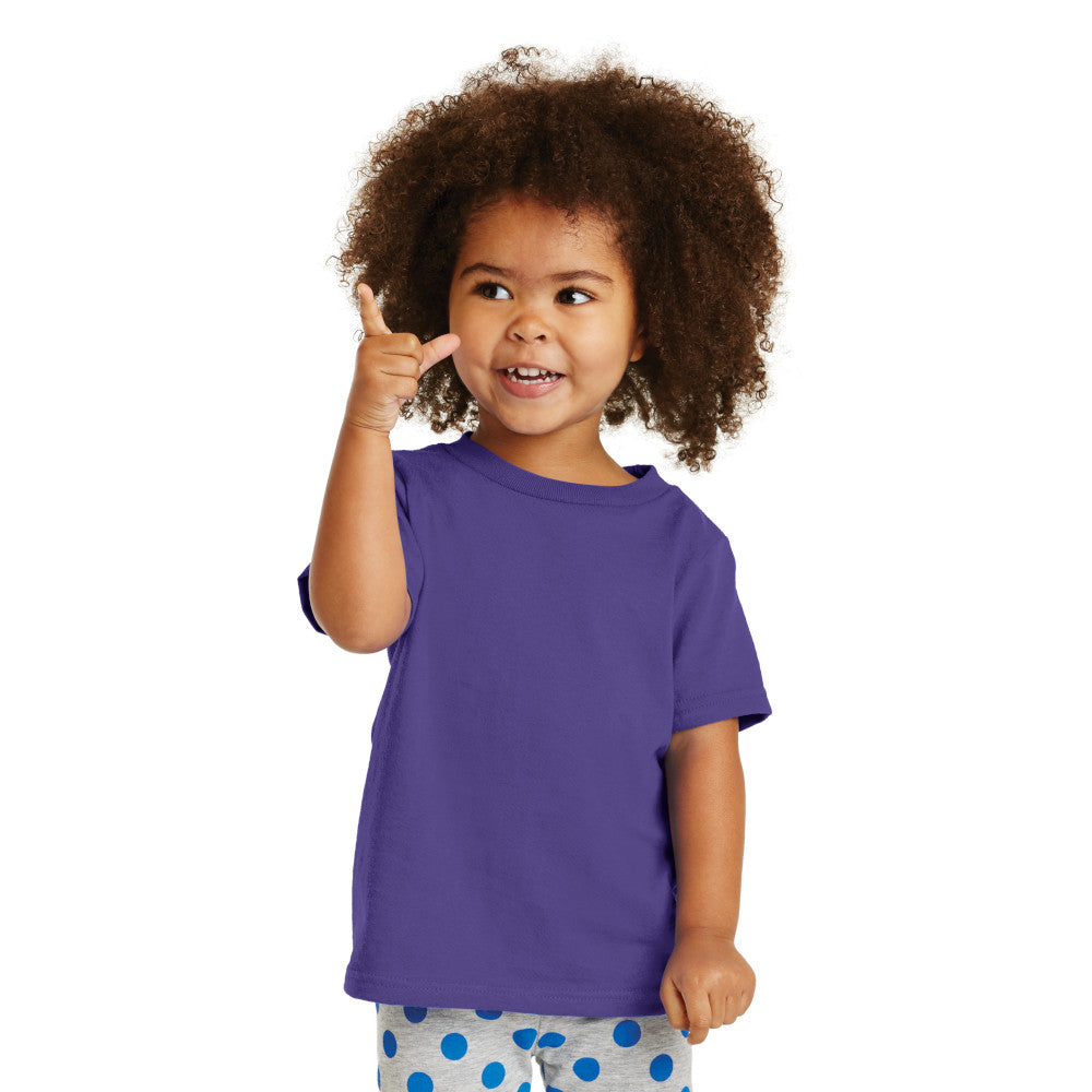 smiling child in port & company toddler core cotton tee purple