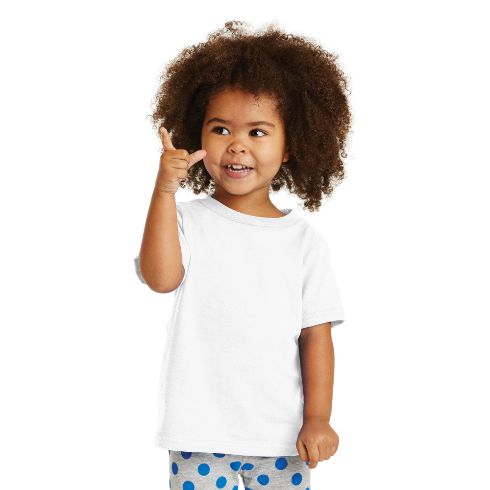 smiling child in port & company toddler core cotton tee white