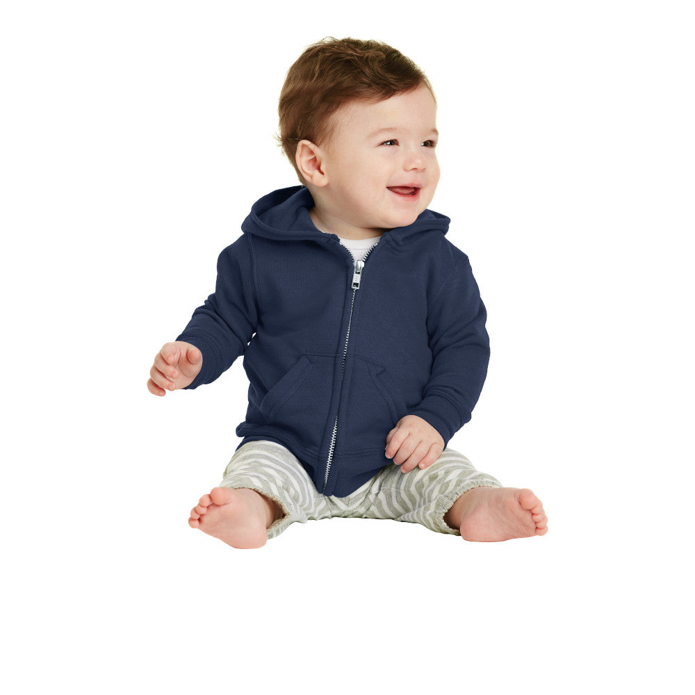 smiling baby in port & company infant full zip hoodie navy