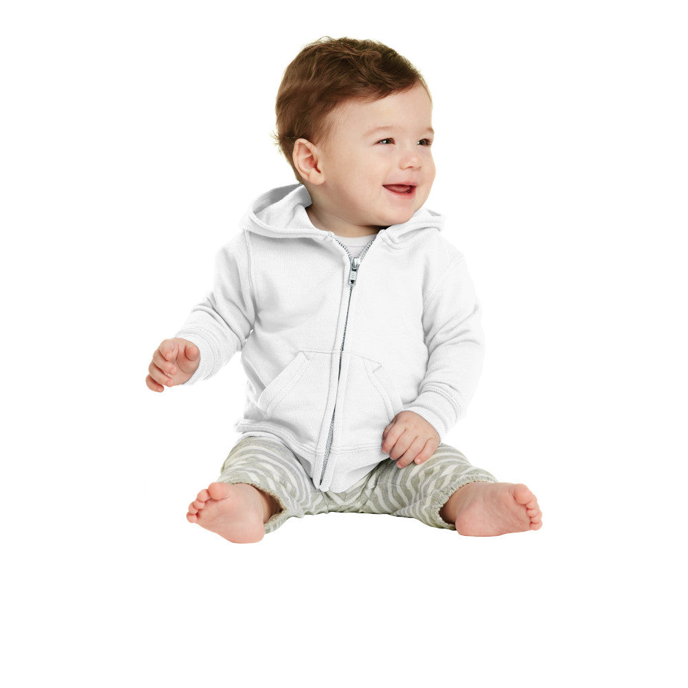 smiling baby in port & company infant full zip hoodie white
