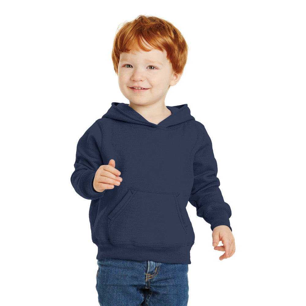 smiling child in port & company toddler hoodie navy