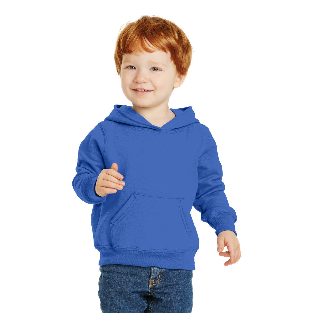 smiling child in port & company toddler hoodie royal