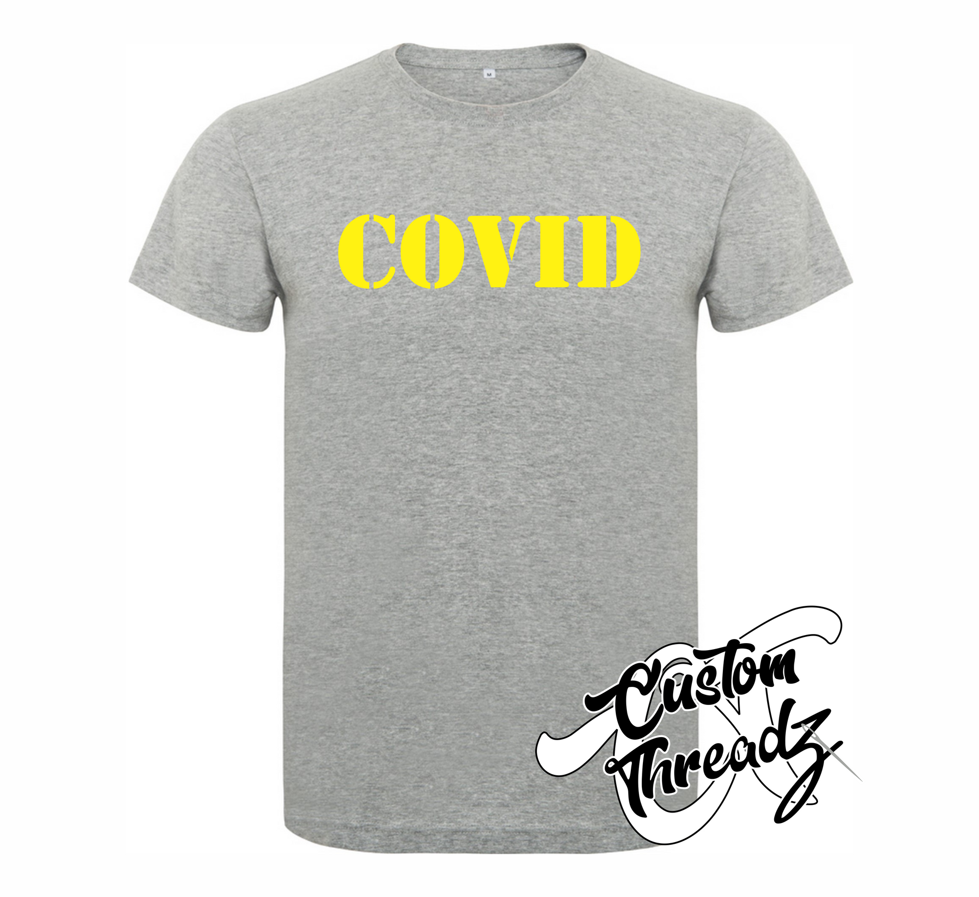 athletic heather tee with covid DTG printed design