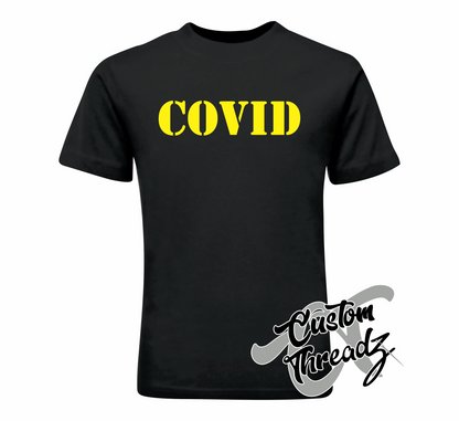black tee with covid DTG printed design