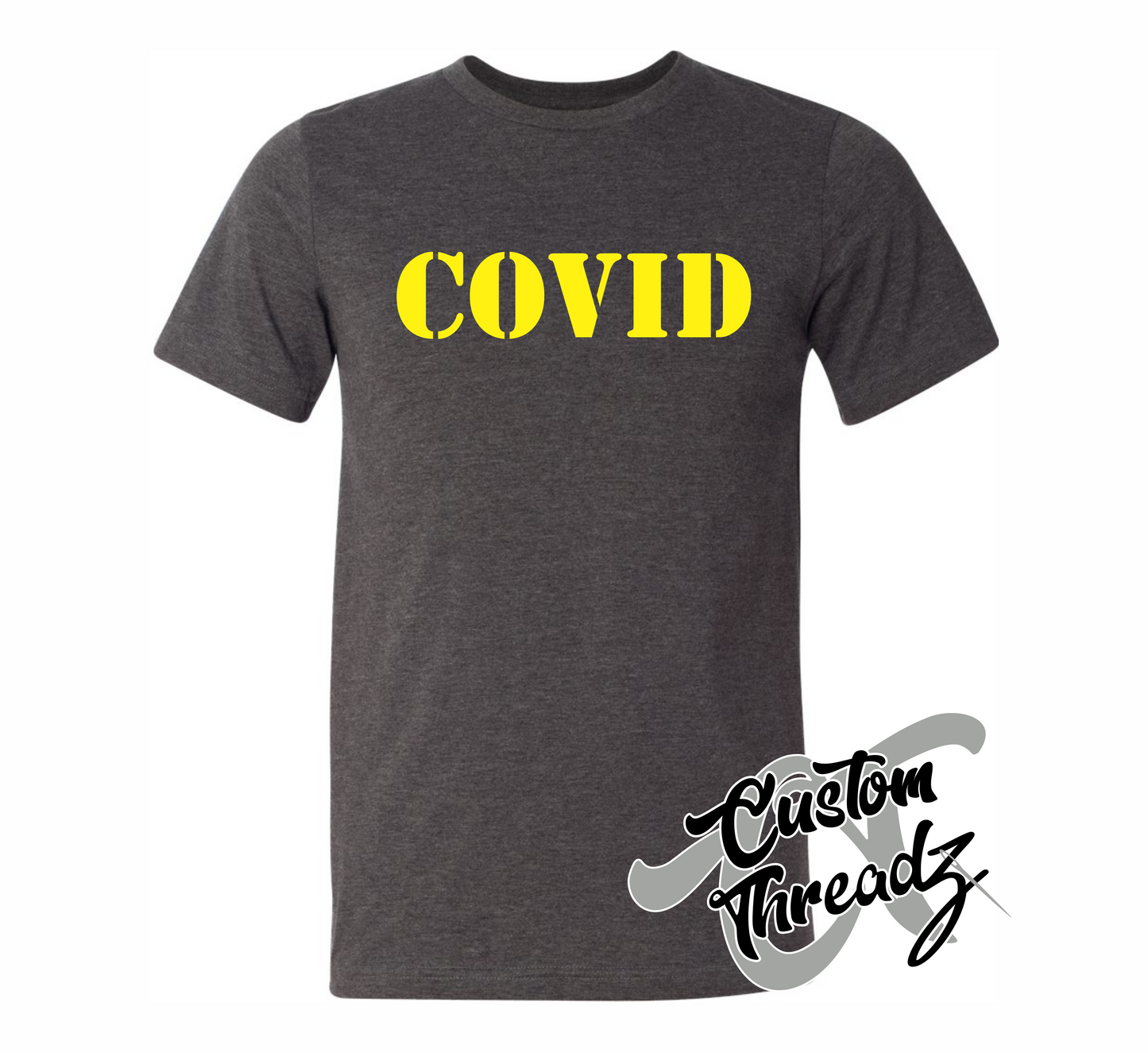 dark grey heather tee with covid DTG printed design