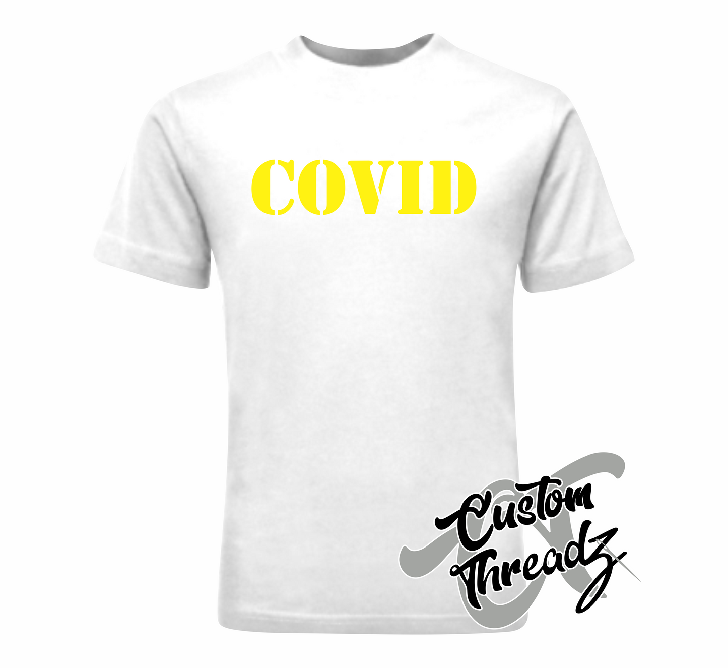 white tee with covid DTG printed design