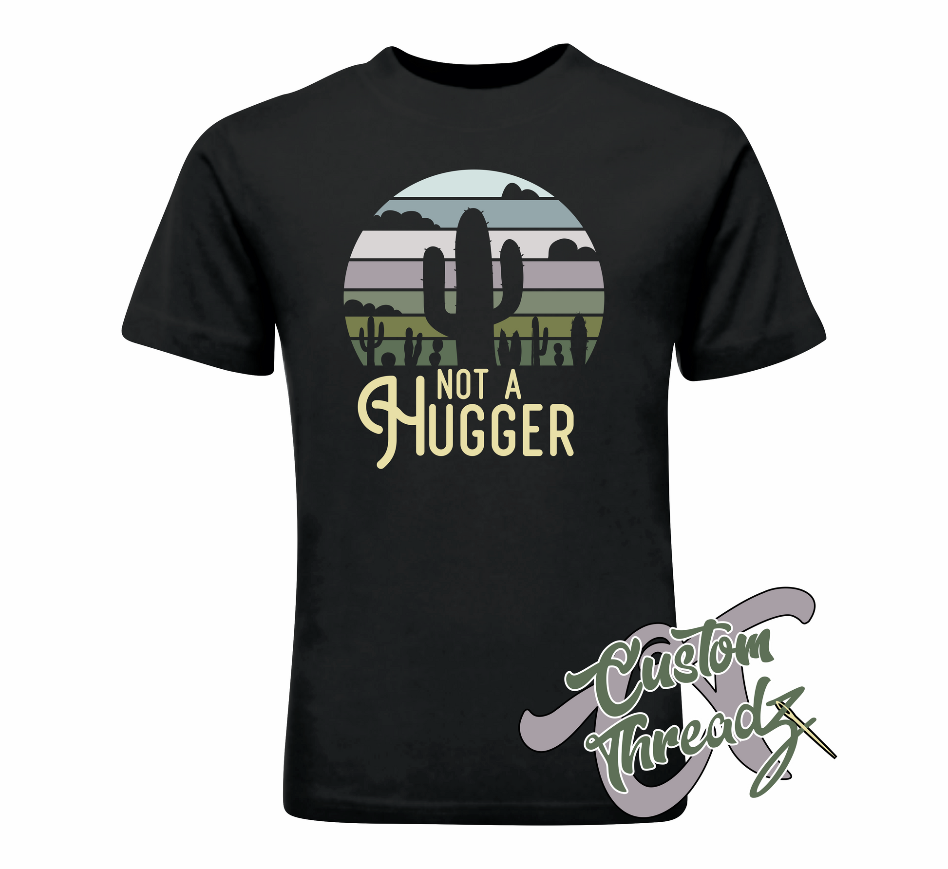 black tee with not a hugger cactus DTG printed design
