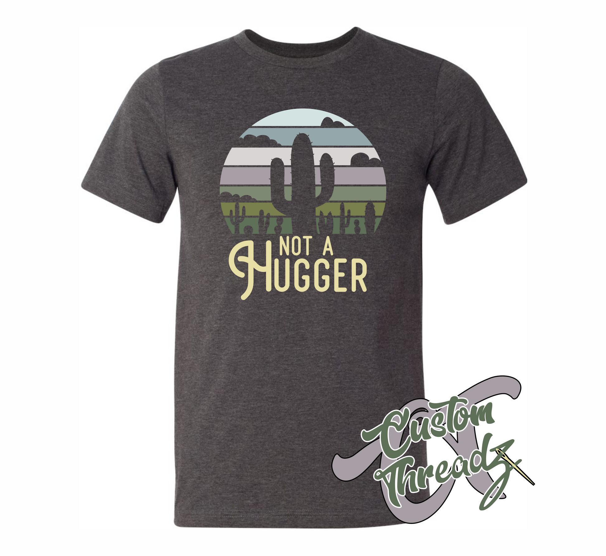 charcoal heather tee with not a hugger cactus DTG printed design