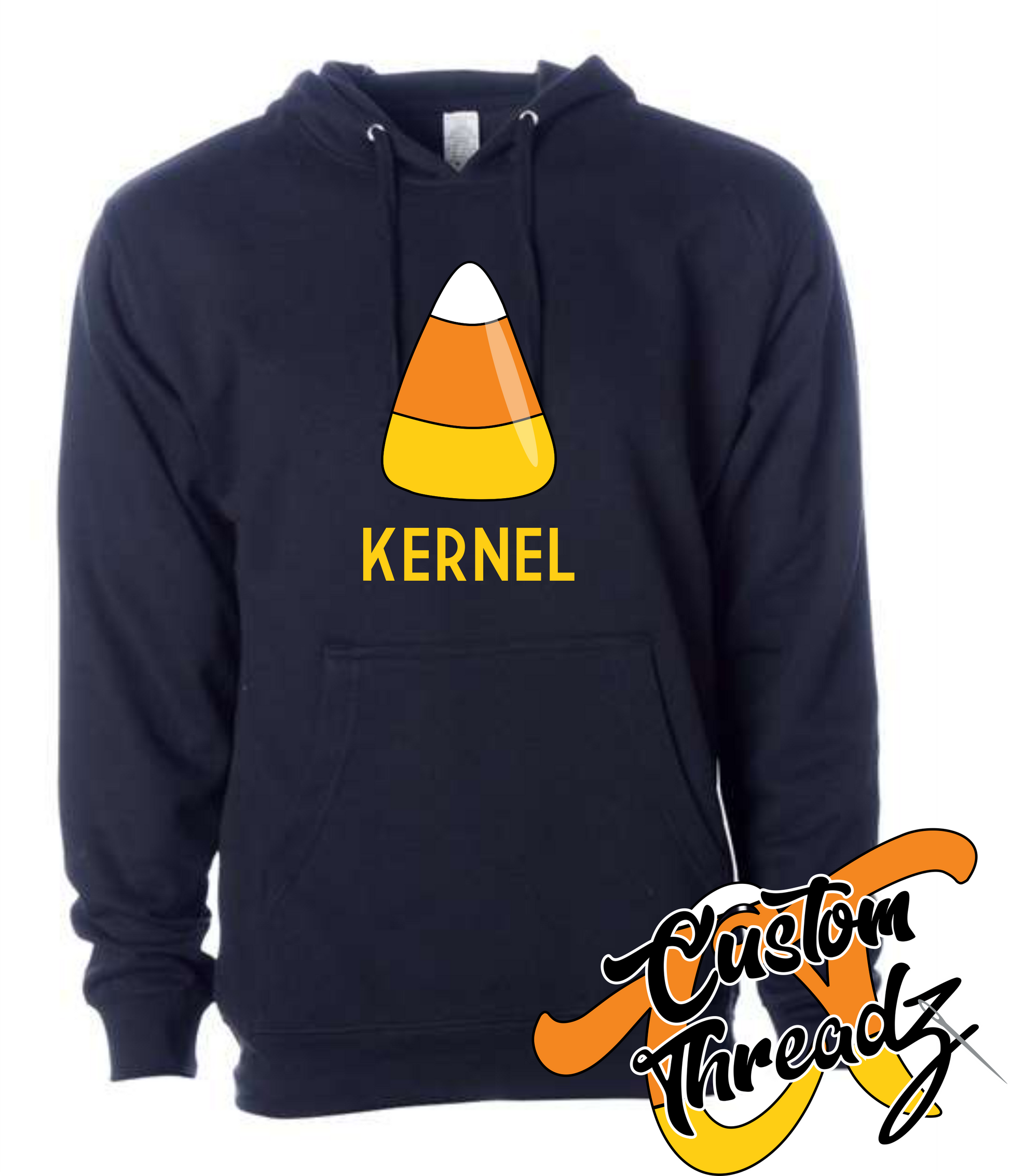 navy hoodie with candy corn kernel DTG design