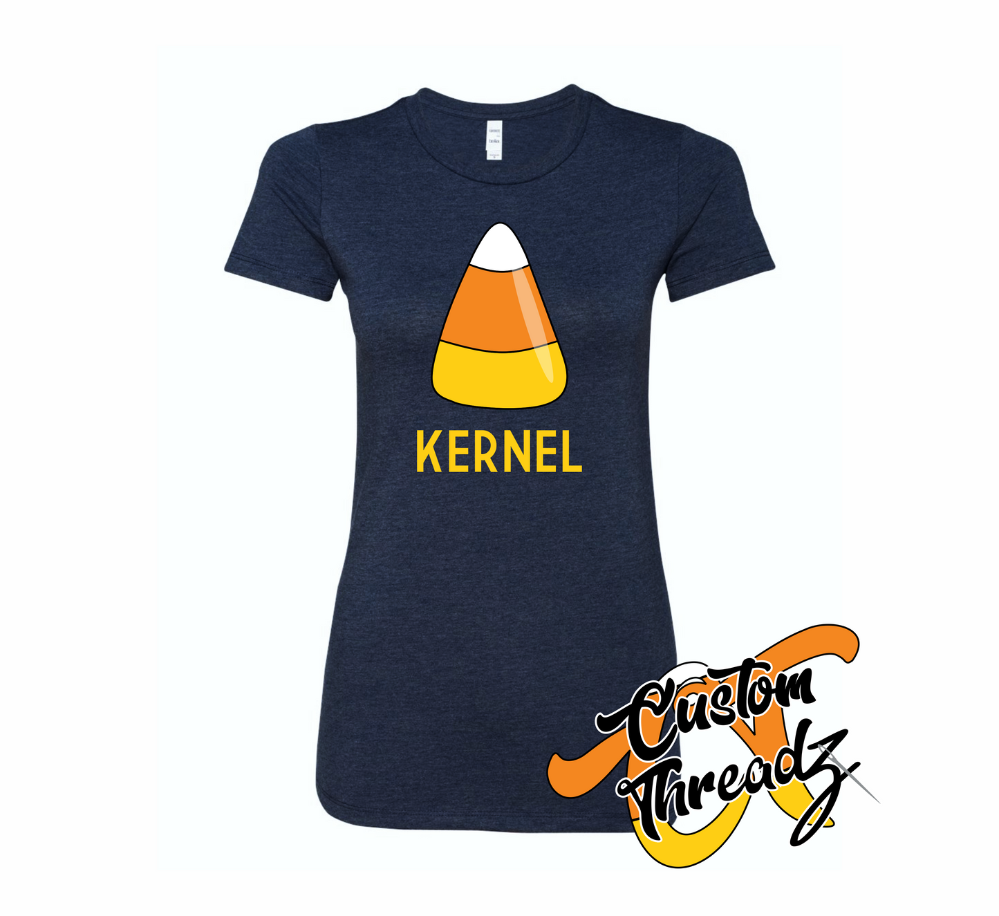 navy womens tee with candy corn kernel halloween DTG printed design