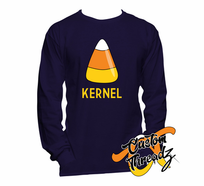 navy long sleeve tee with candy corn kernel halloween DTG printed design