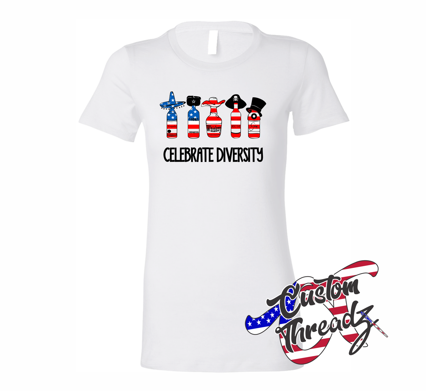 womens white tee with celebrate diversity american flag DTG printed design