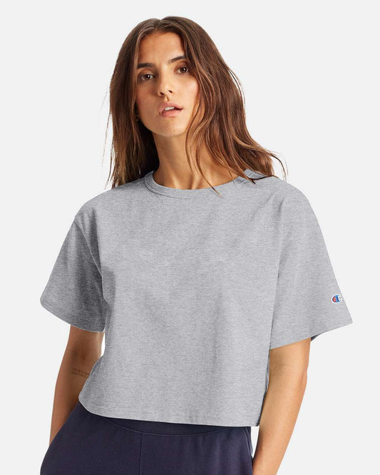 model wearing champion womens heritage jersey cropped t-shirt in oxford grey