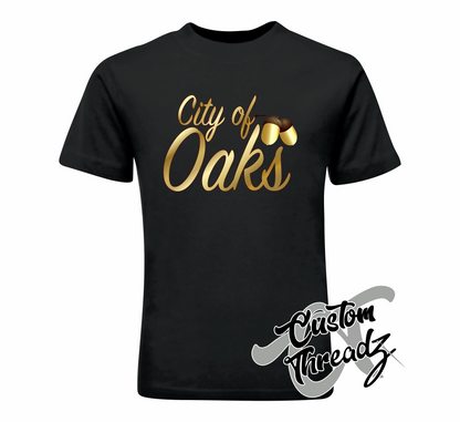 black tee with city of oaks raleigh nc DTG printed design