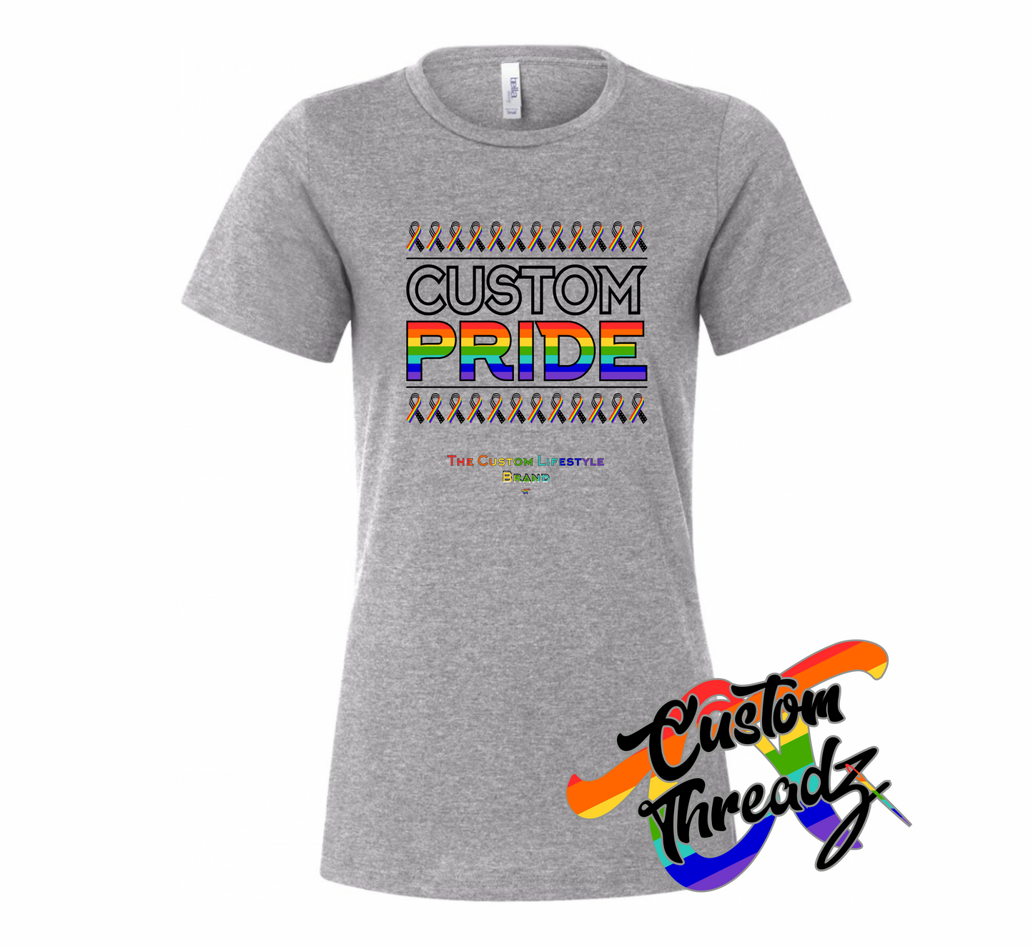 athletic heather grey womens tee with custom pride rainbow DTG printed design