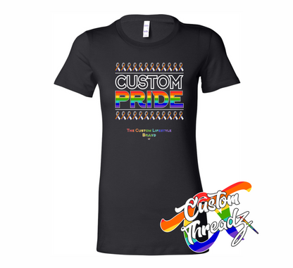 black womens tee with custom pride rainbow DTG printed design