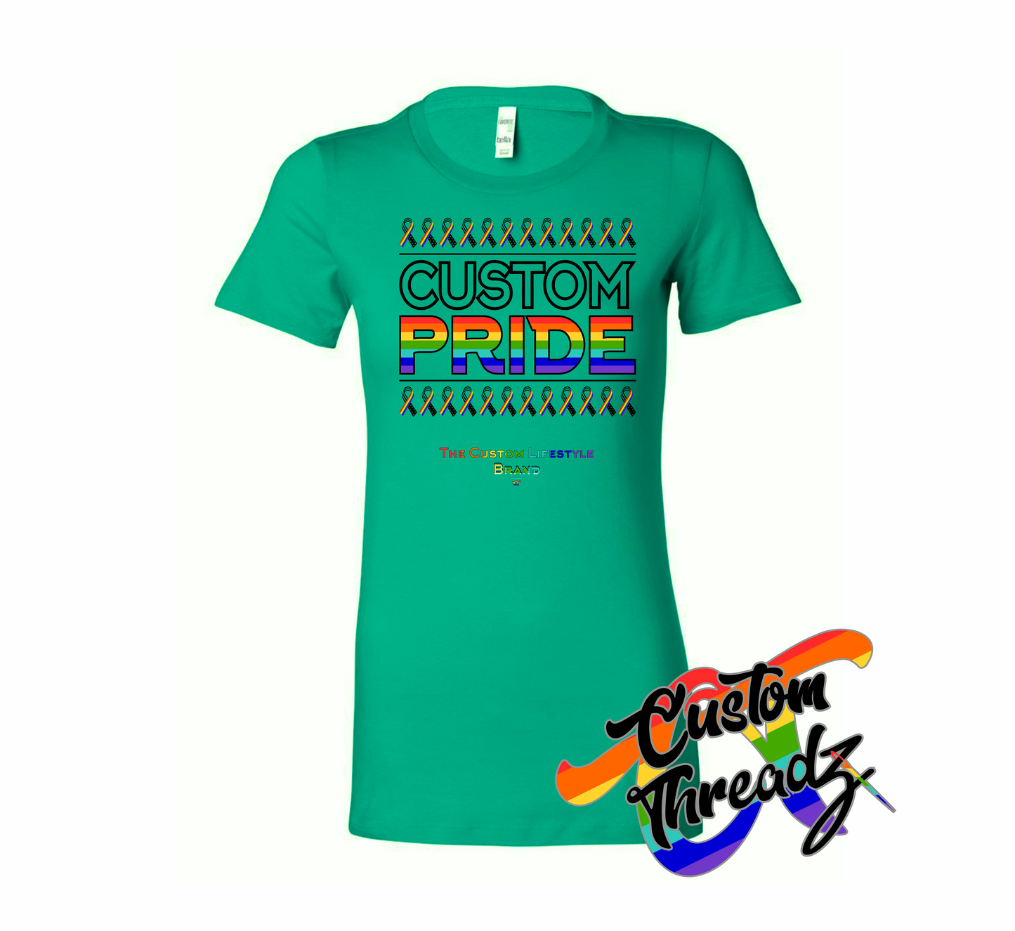 green womens tee with custom pride rainbow DTG printed design