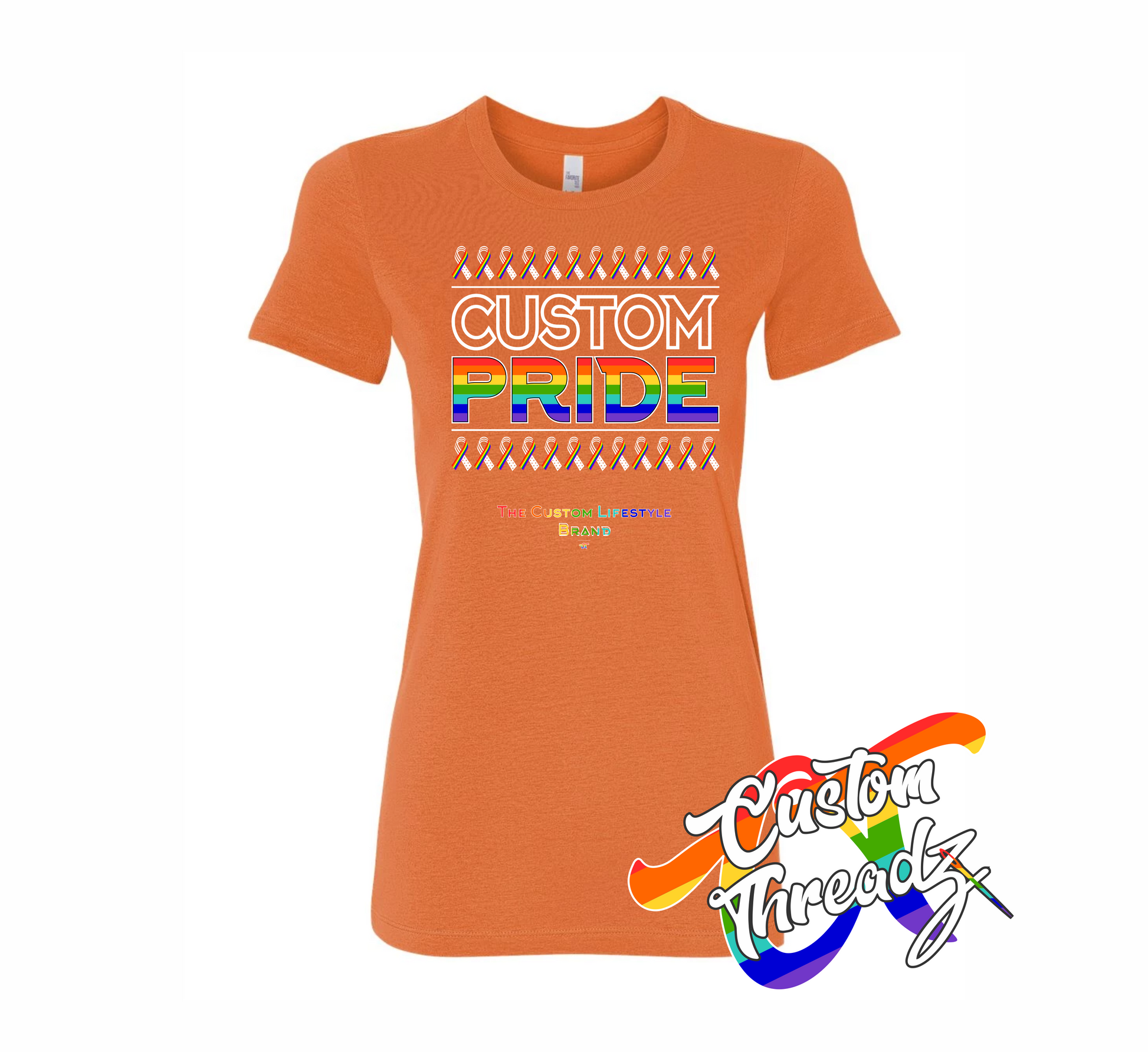 orange womens tee with custom pride rainbow DTG printed design