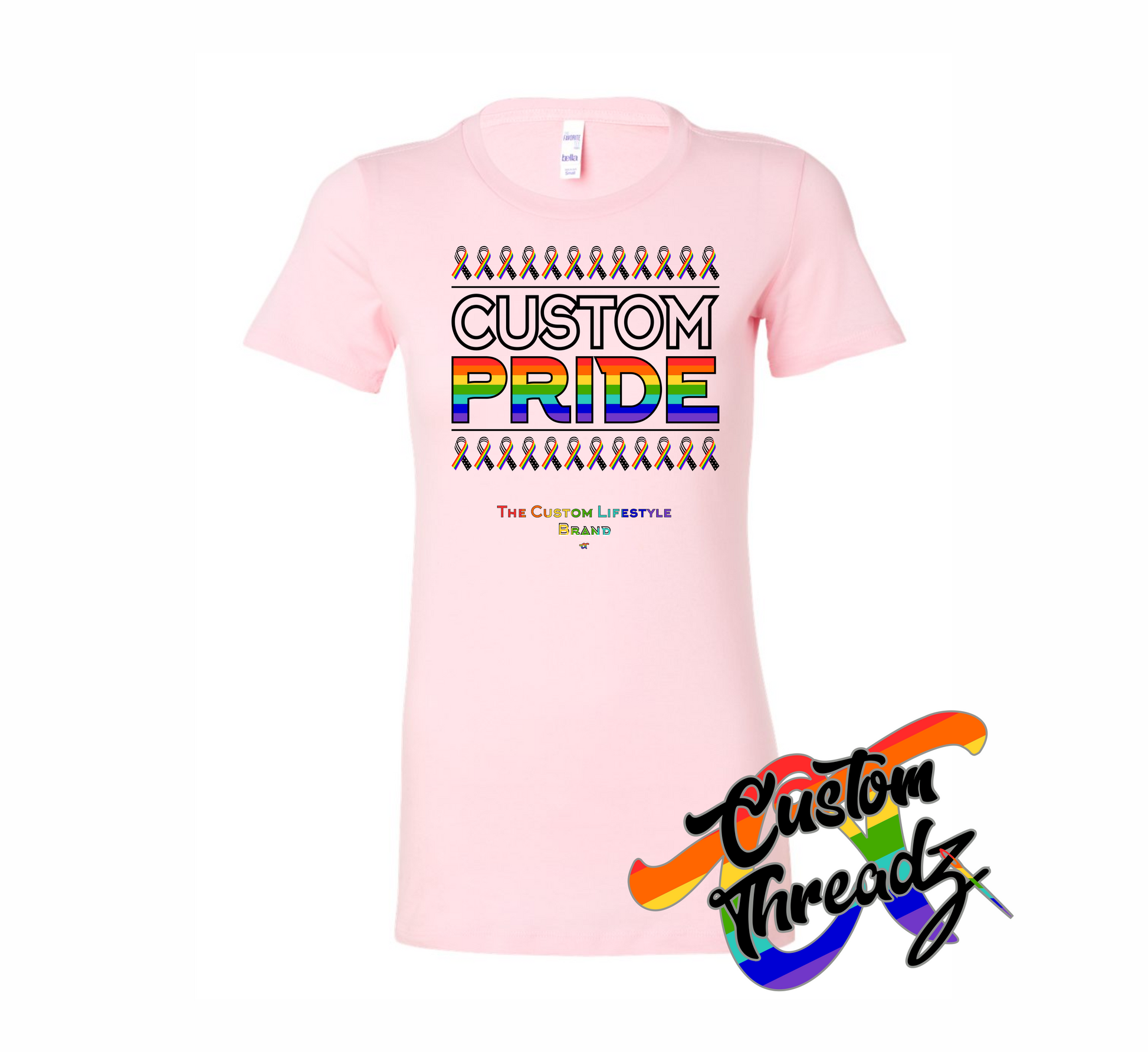 pink womens tee with custom pride rainbow DTG printed design
