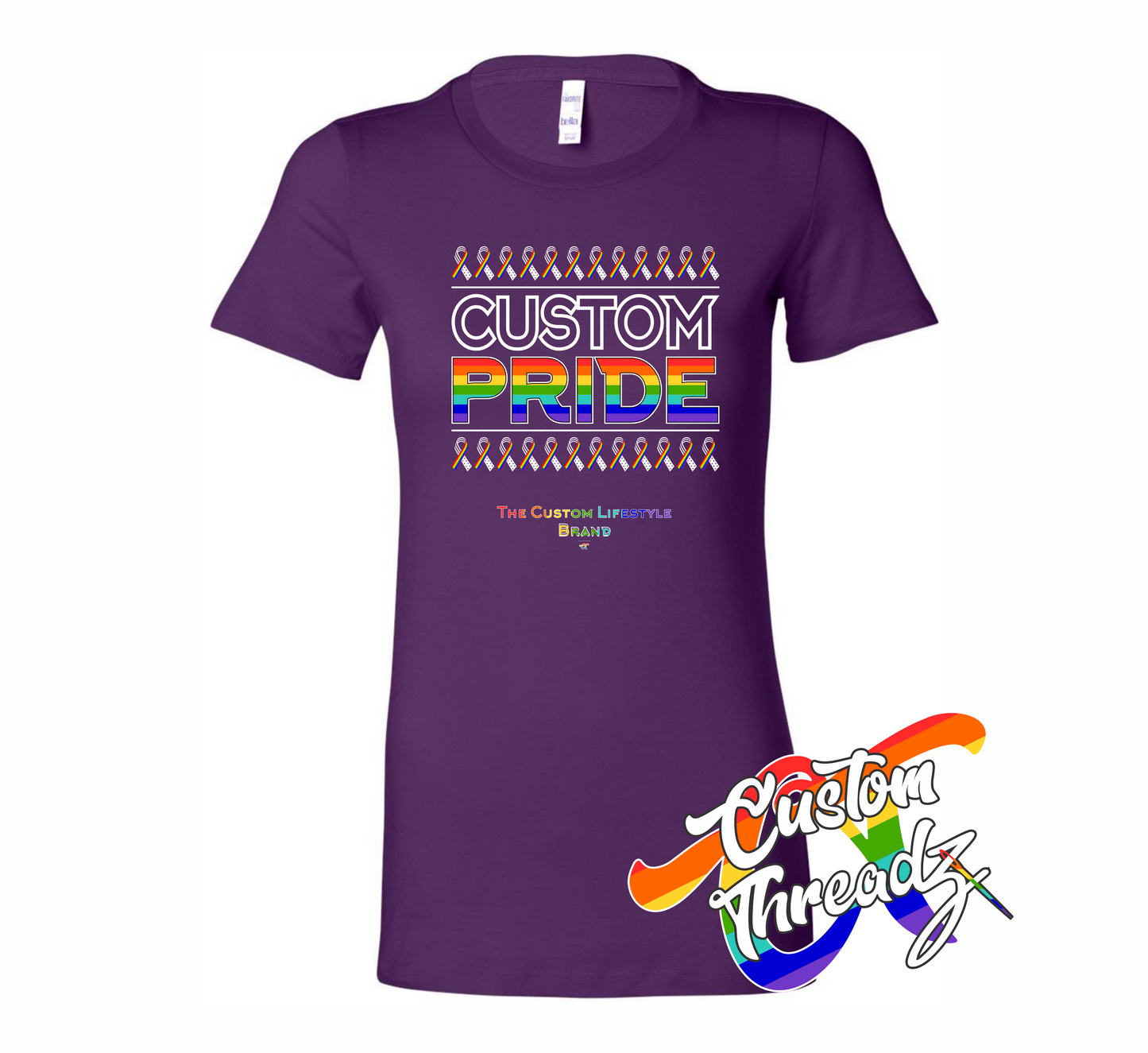 purple womens tee with custom pride rainbow DTG printed design