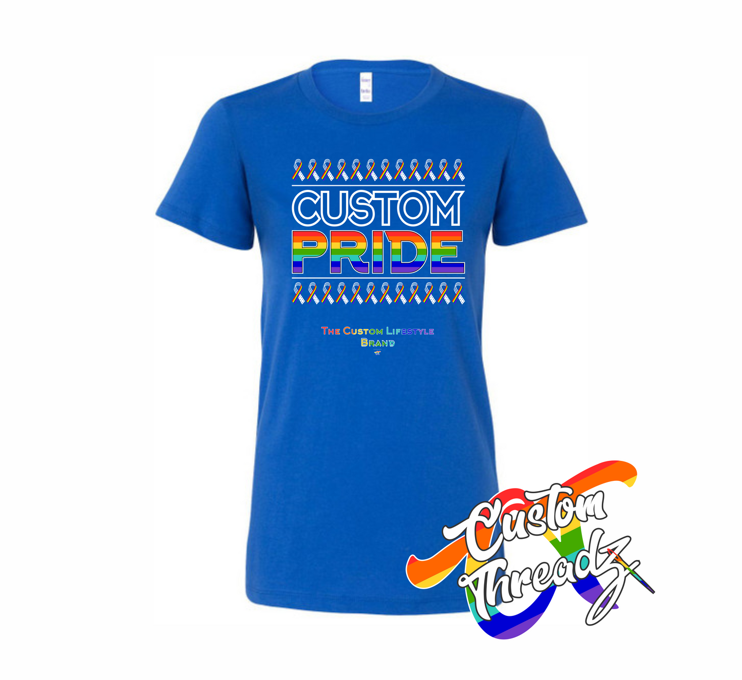 royal blue womens tee with custom pride rainbow DTG printed design