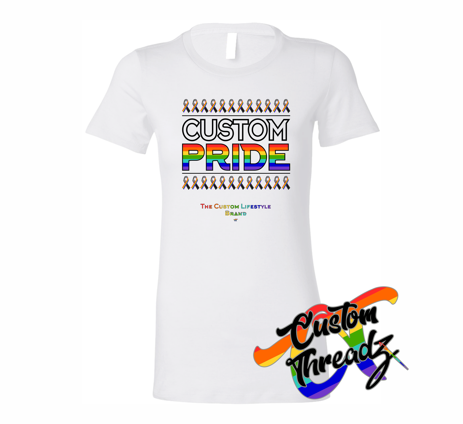 white womens tee with custom pride rainbow DTG printed design