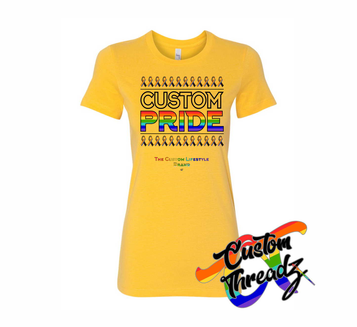 yellow womens tee with custom pride rainbow DTG printed design