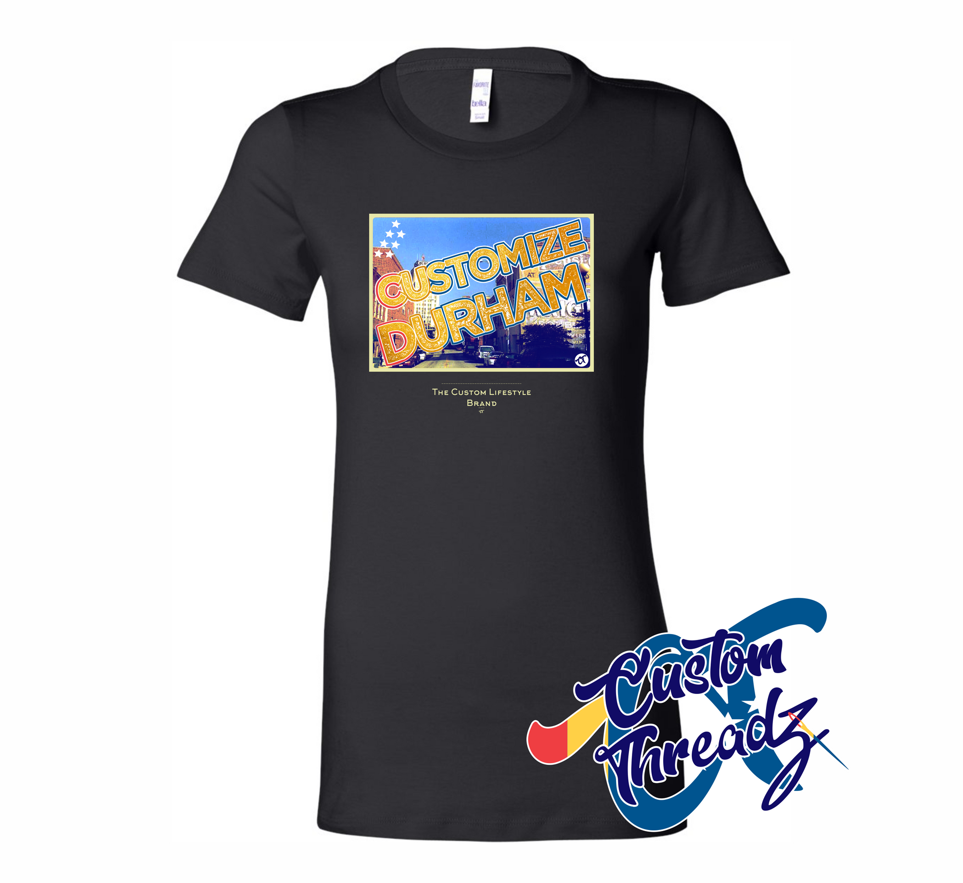 black womens tee with customize durham nc DTG printed design