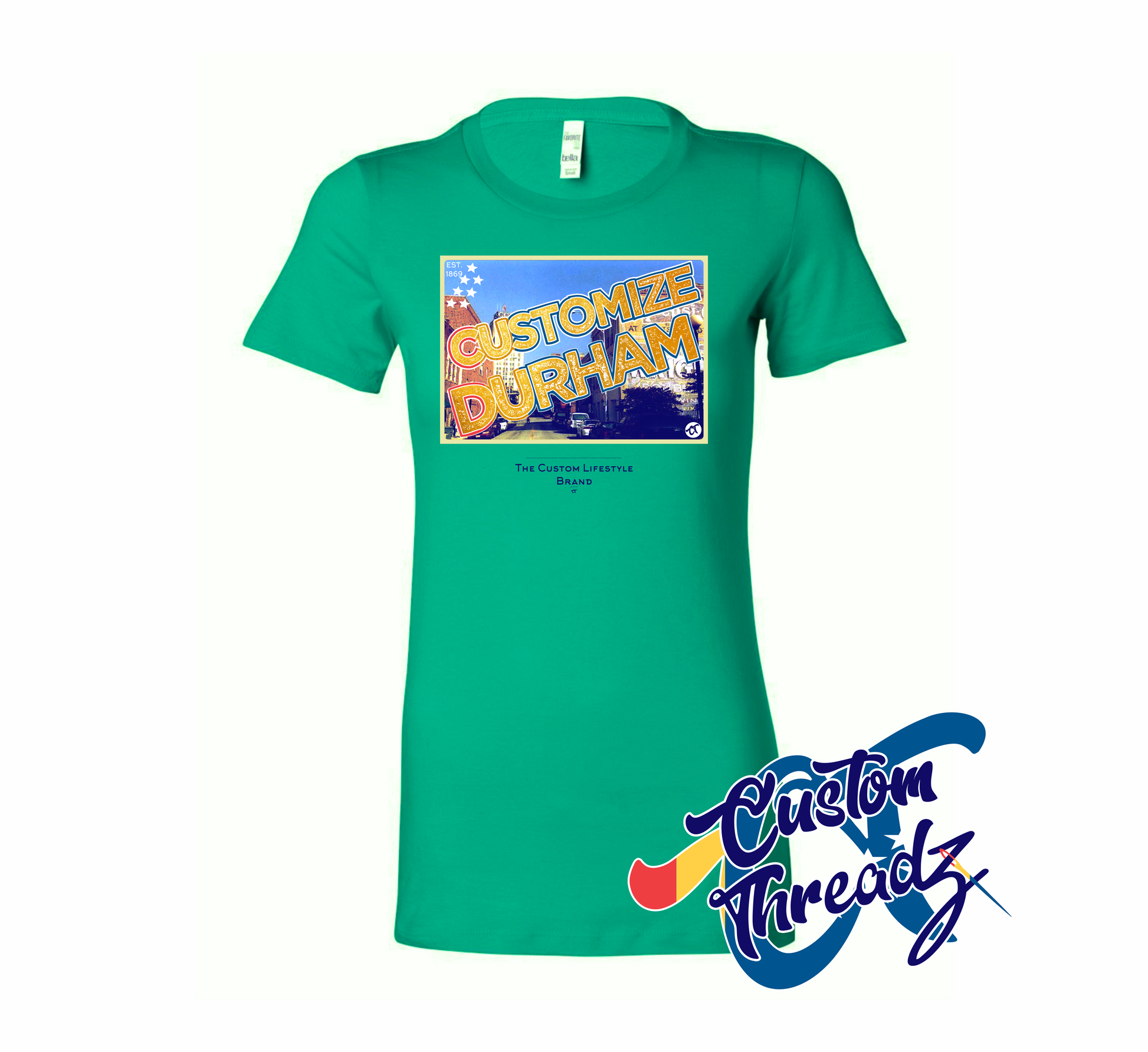 green womens tee with customize durham nc DTG printed design