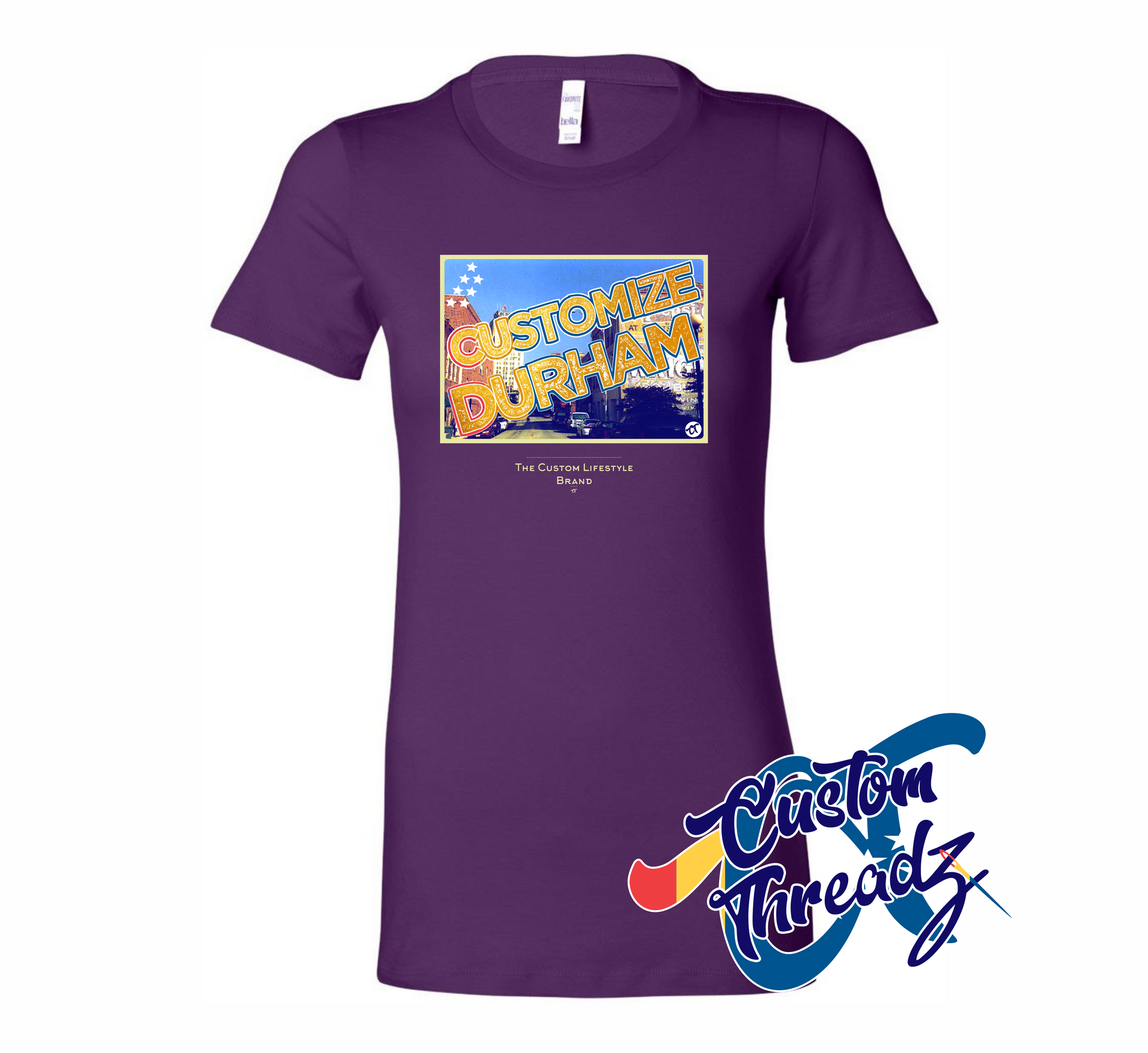 purple womens tee with customize durham nc DTG printed design