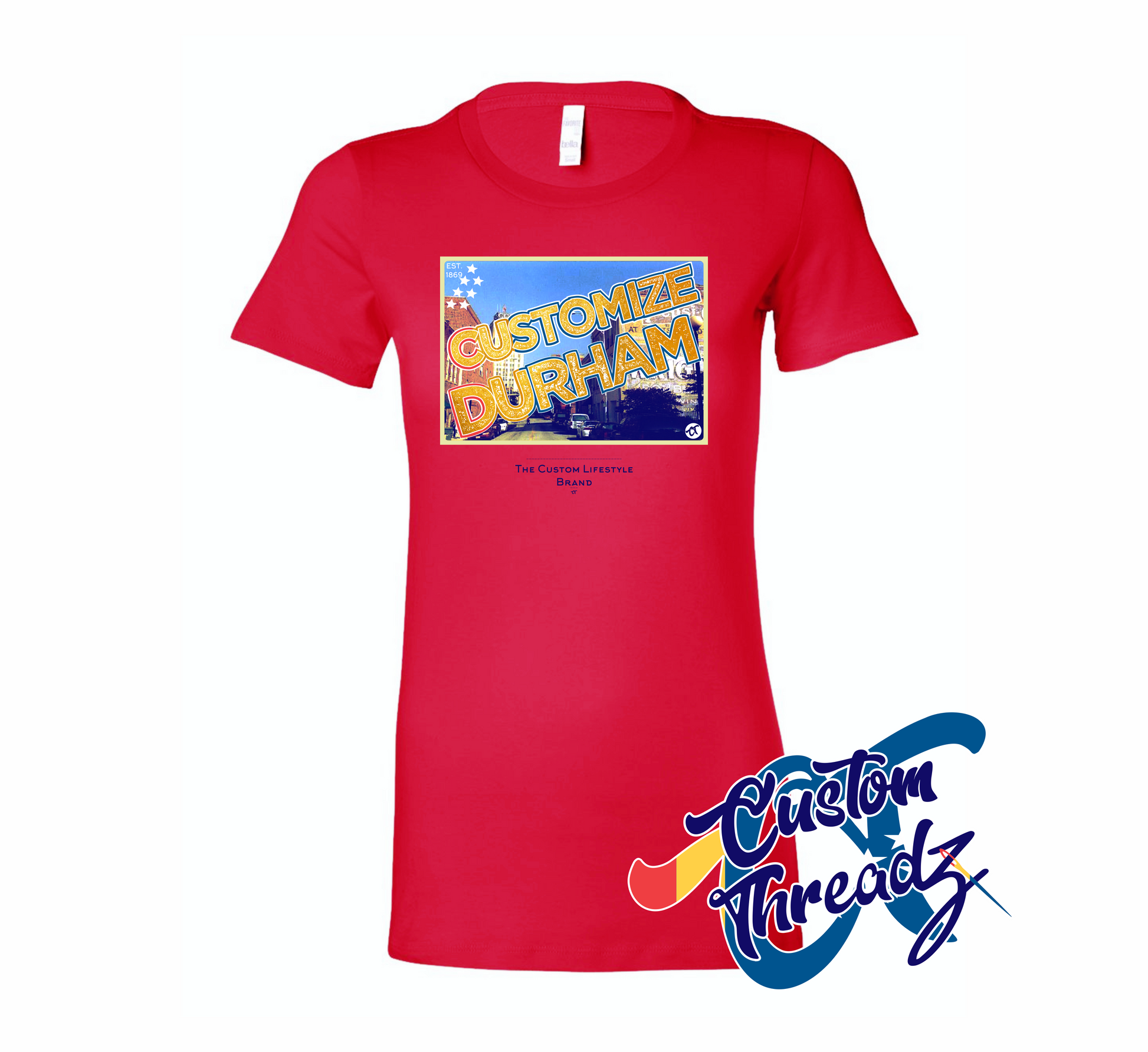 red womens tee with customize durham nc DTG printed design