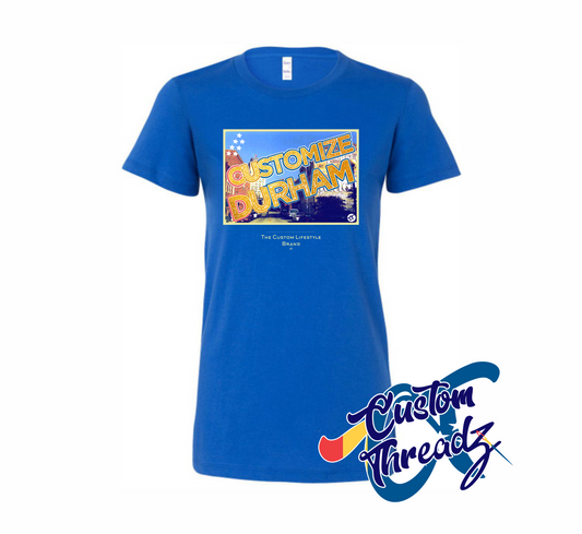 royal blue womens tee with customize durham nc DTG printed design