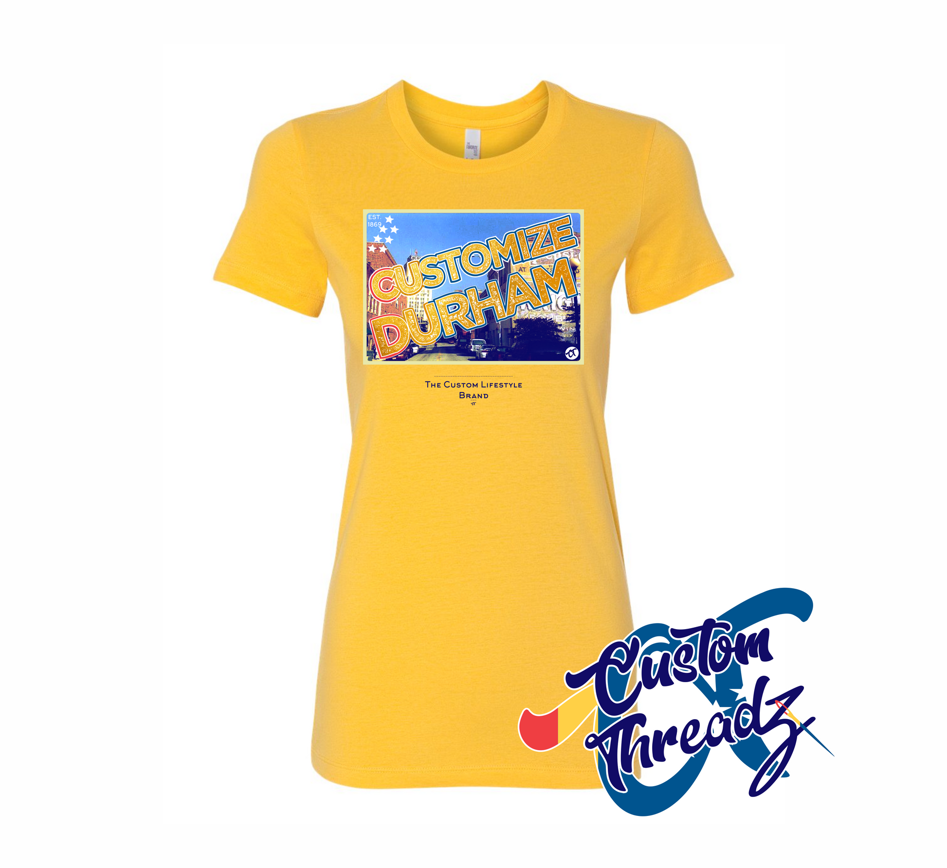 yellow womens tee with customize durham nc DTG printed design