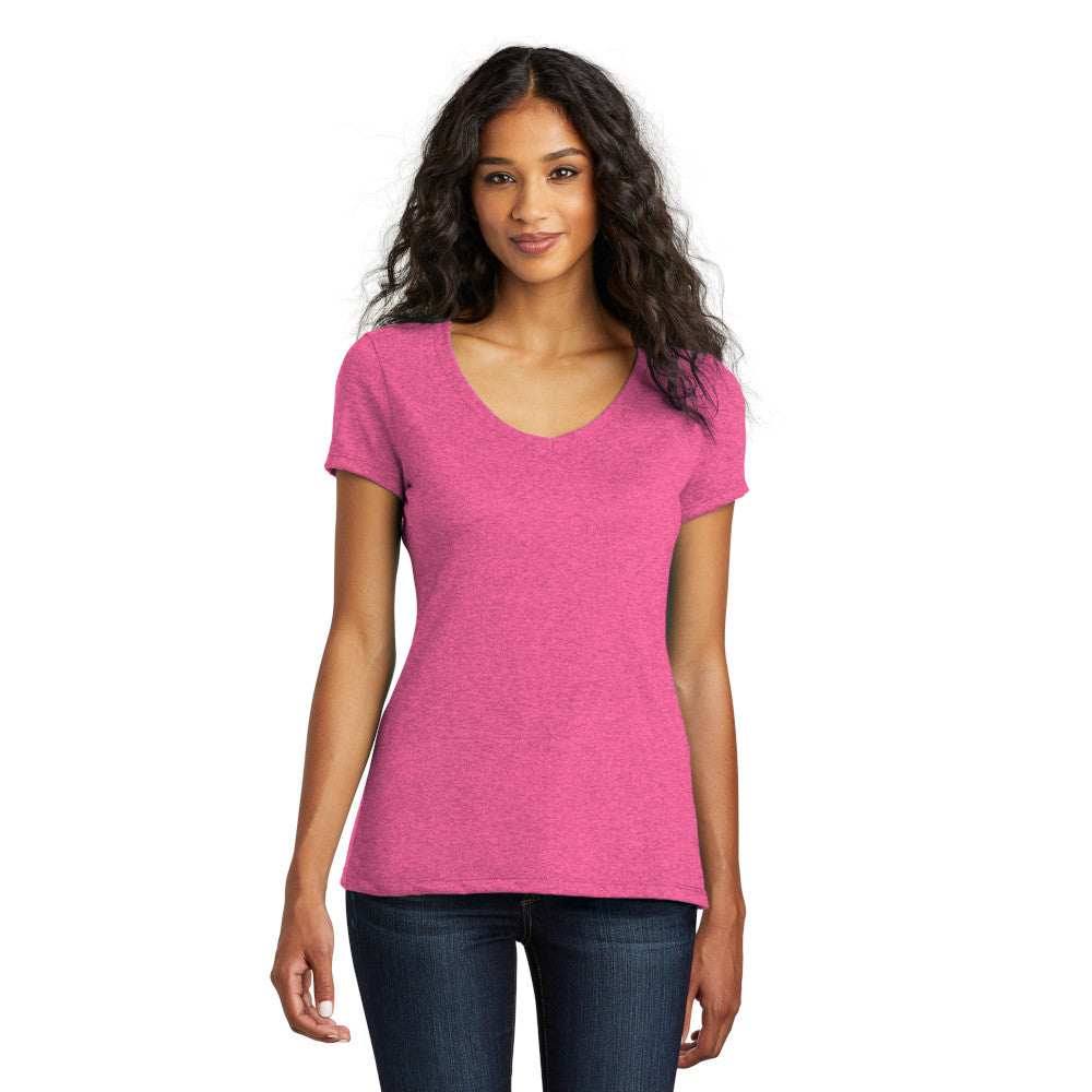model in district womens perfect tri v-neck tee fuchsia frost