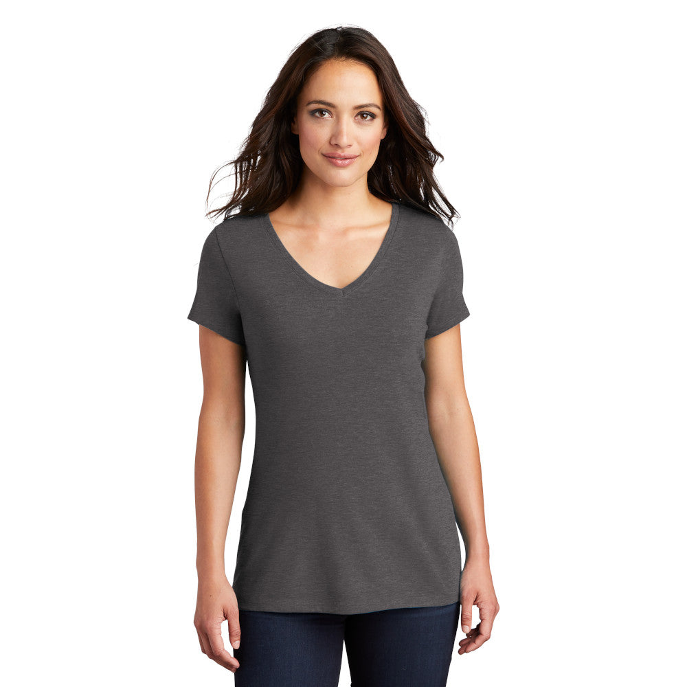 model in district womens perfect tri v-neck tee heathered charcoal