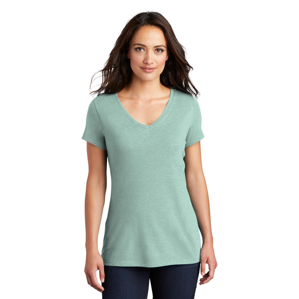 model in district womens perfect tri v-neck tee heathered dusty sage
