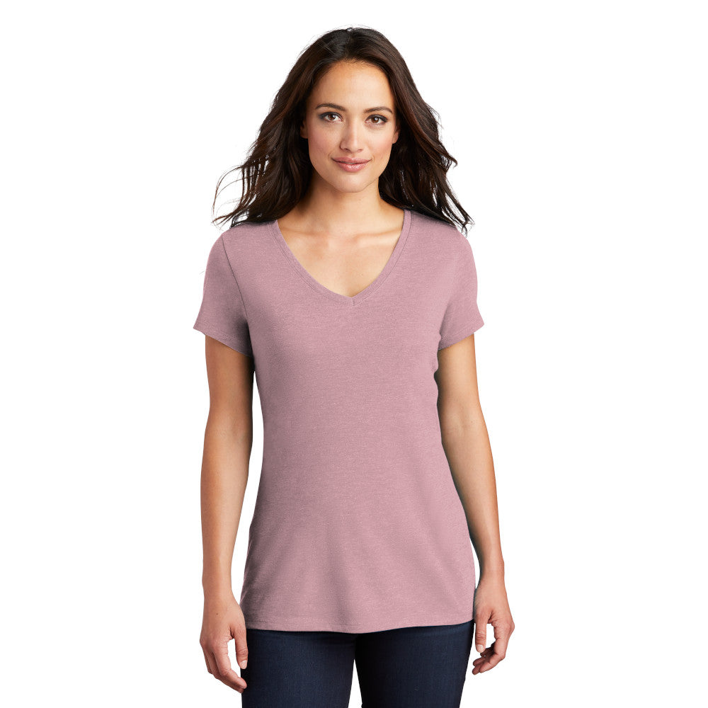 model in district womens perfect tri v-neck tee heathered lavender