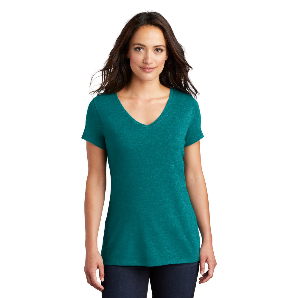 model in district womens perfect tri v-neck tee heathered teal