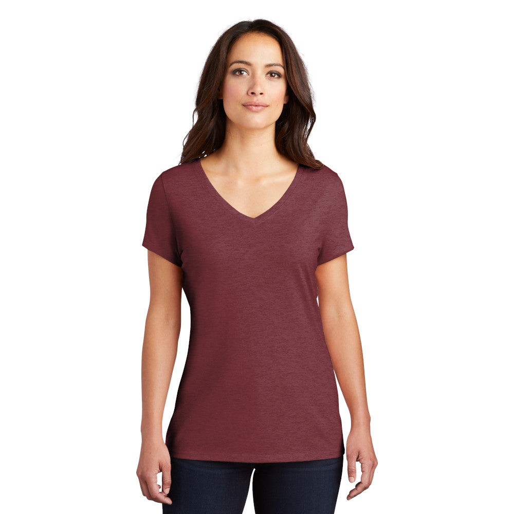 model in district womens perfect tri v-neck tee maroon frost